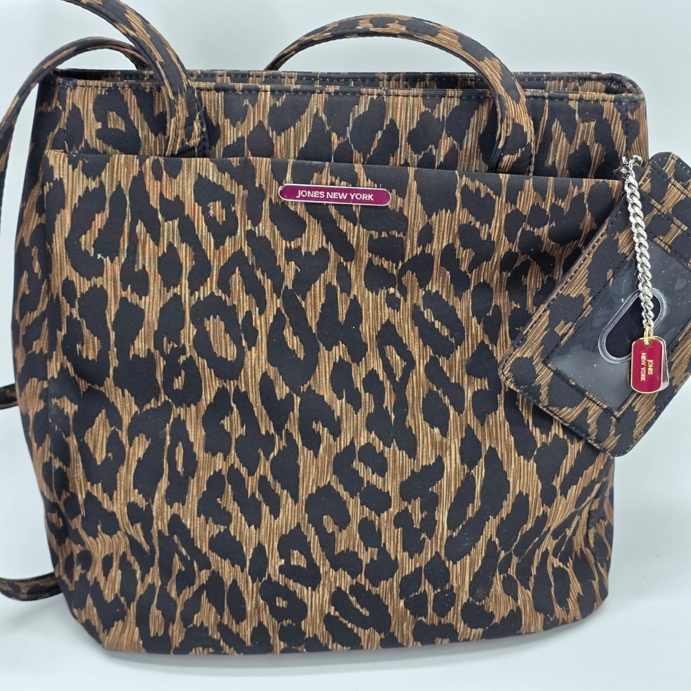 Jones New York Leopard Shoulder Bag Animal Print Nylon Tote ID Case Y2K Classic - Picture 2 of 14